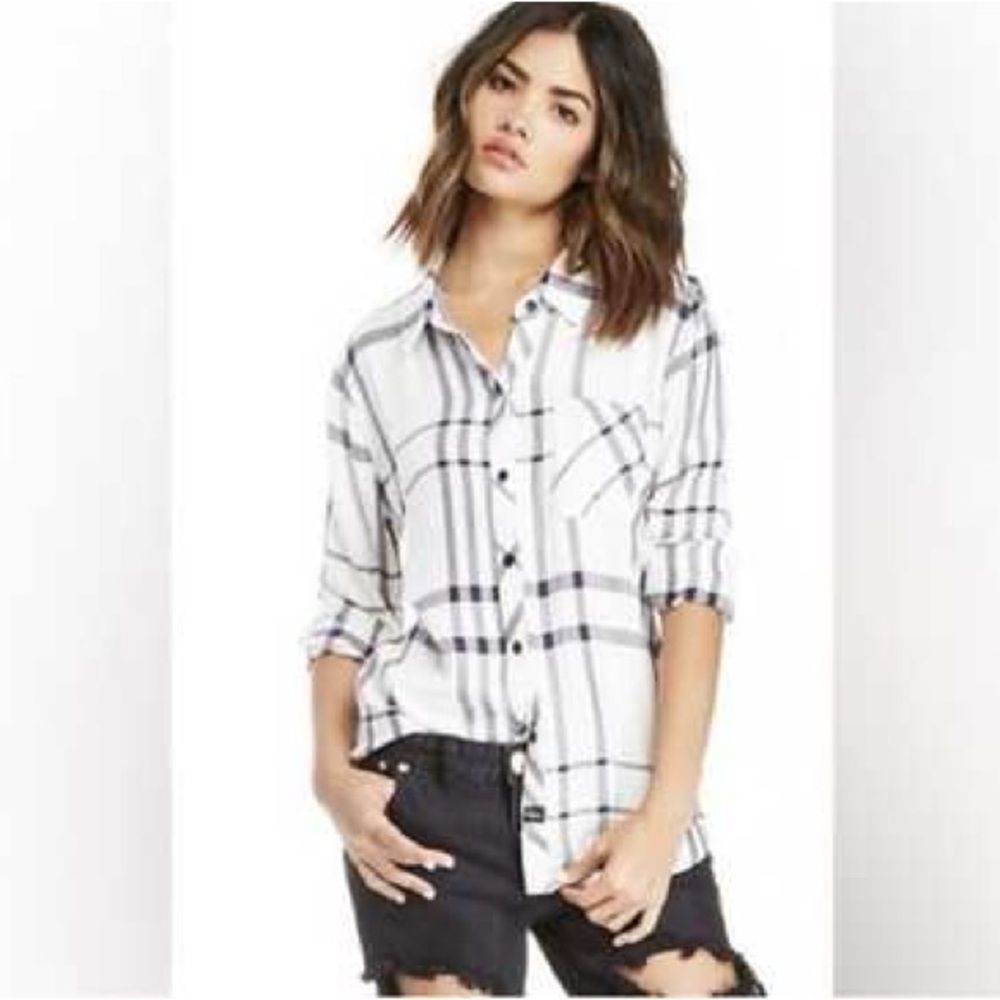 Rails Charli Linen Blend Plaid button up shirt vanilla/navy size XS - Picture 2 of 8